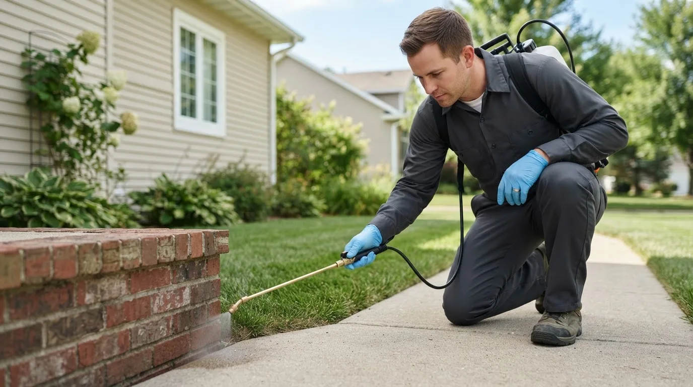 Pest control technician treating a home near Dalbo, MN