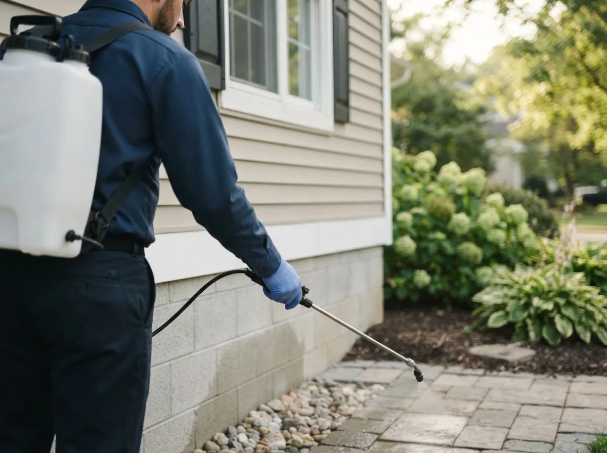 Pest control technician inspecting a home in Dalbo, MN